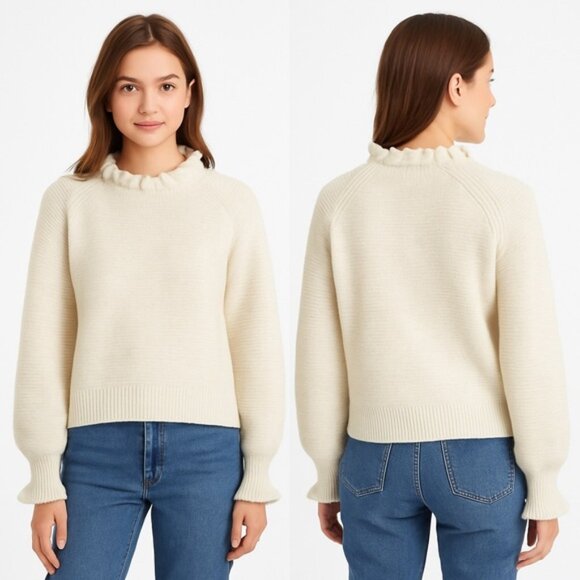 Madewell Ruffle-Neck Pullover Sweater Cotton-Merino Yarn Heather Oak - Picture 1 of 6